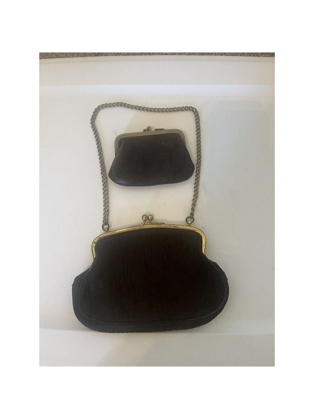 1930s Victorian leather Brown Wavy Evening Bag Clutch Purse with coin purse